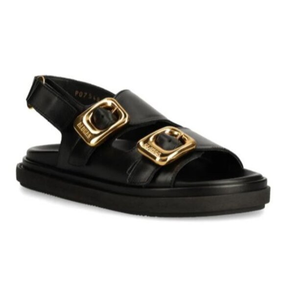 Alohas Black Leather Double Gold Buckle Round Toe Daria Sandals Women's Size 9 - Picture 12 of 14